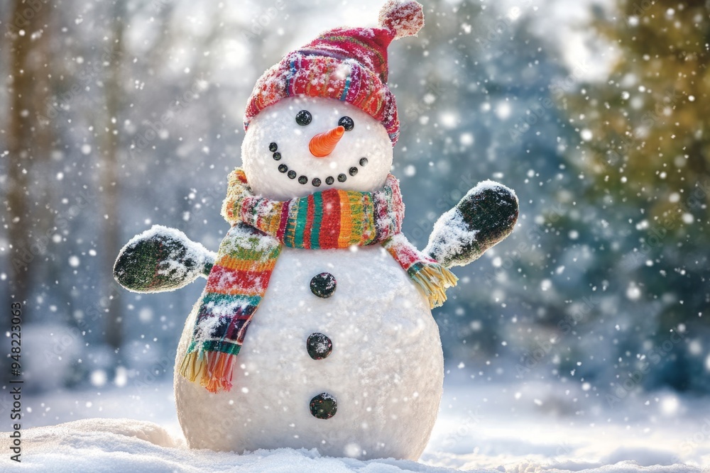 Fototapeta premium A cheerful snowman stands in a snowy landscape. It wears a colorful scarf and a red hat. This image evokes the joy of winter. Perfect for seasonal themes. Generative AI