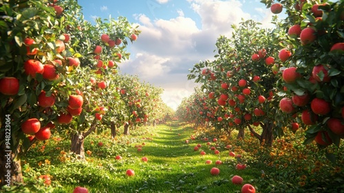 Bountiful Organic Apple Orchard - Lush Trees Laden with Ripe Apples, Vibrant 3D Illustration of Harvest Time Bounty