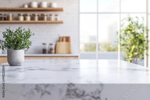 This spacious kitchen has a large marble bench and a soothing color palette, making it perfect for contemporary cooking and socializing with family and friends in a warm, inviting ambiance