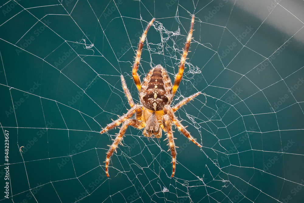Close up of a brown, orange and white spider in the middle of its web Close up of a brown, orange and white spider in the middle of its web