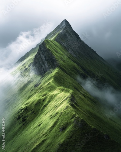 A majestic mountain peak shrouded in mist, with lush green grass covering its slopes and clouds swirling around it.  photo