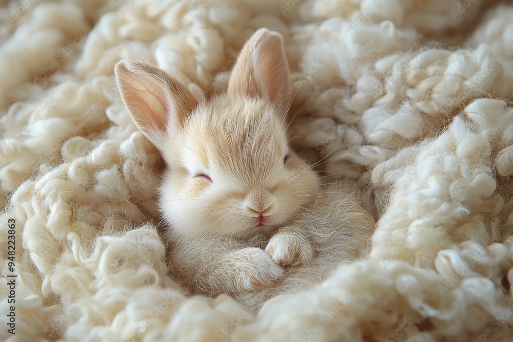 Tiny white and beige rabbit sleeping in fluffy nest top view. Pet concept