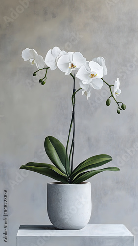 A white Phalaenopsis orchid with multiple blooms and green leaves in a white pot against a neutral background.