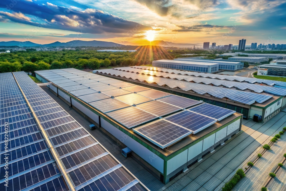 Modern warehouse rooftop covered in sleek solar panels, harnessing ...