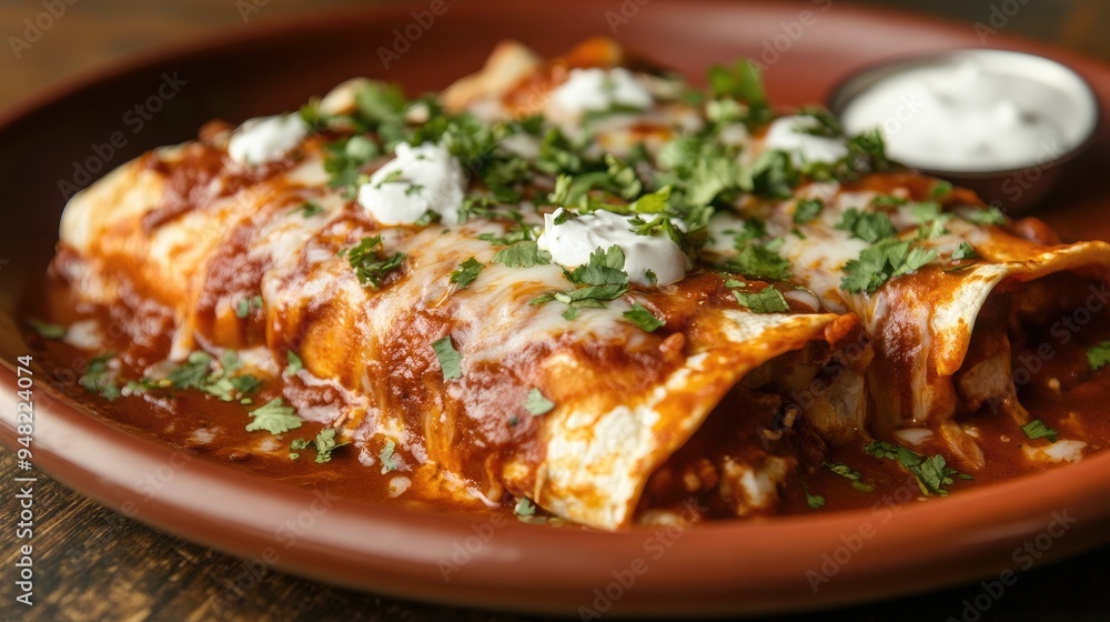 Close-up of enchiladas topped with rich sauce, melted cheese, and a sprinkle of cilantro, served on a ceramic plate Close-up of enchiladas topped with rich sauce, melted cheese, and a sprinkle of cilantro, served on a ceramic plate