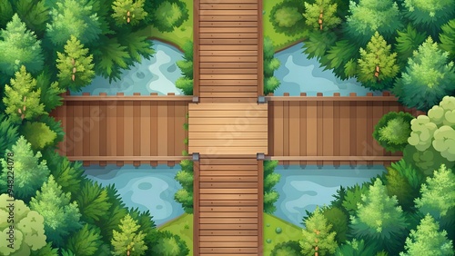 An aerial view of a wooden bridge crossing two streams in a lush green forest.