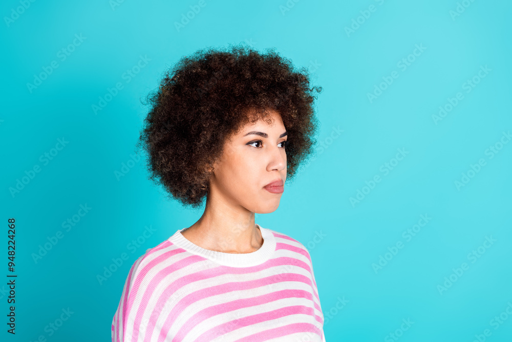 Photo of shiny attractive lady dressed pink pullover looking empty space isolated turquoise color background Photo of shiny attractive lady dressed pink pullover looking empty space isolated turquoise color background