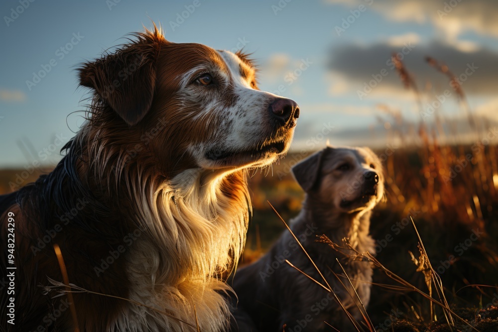 A horse and dog are standing in a field with a bird flying in the background., generative IA