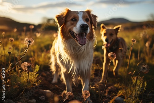A horse and dog are standing in a field with a bird flying in the background., generative IA
