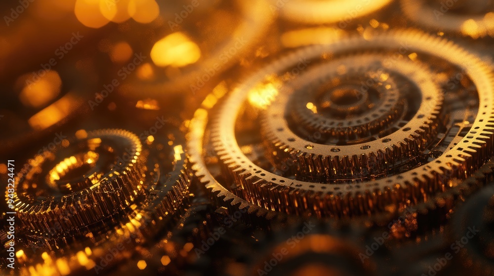 Close-up of finely crafted golden gears meshing together, illuminated by a warm, glowing backdrop, showcasing the beauty of precision engineering. Close-up of finely crafted golden gears meshing together, illuminated by a warm, glowing backdrop, showcasing the beauty of precision engineering.
