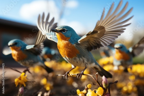 A group of colorful birds is flying in formation with one being piloted by anoth, generative IA photo