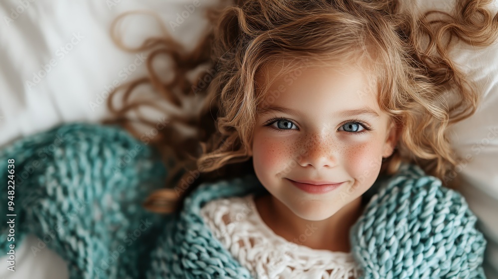 A young girl with curly hair smiles warmly, wrapped in a knitted blanket on her bed, capturing a moment of comfort, warmth, and pure innocence. A young girl with curly hair smiles warmly, wrapped in a knitted blanket on her bed, capturing a moment of comfort, warmth, and pure innocence.