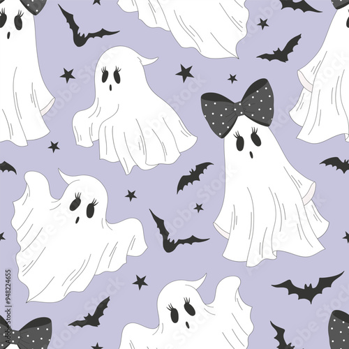 Cute ghost vector seamless pattern. Coquette Halloween background.