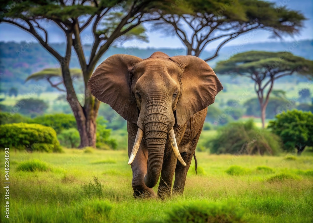 Obraz premium A majestic African elephant bull, with tusks gleaming in the golden light, makes its way through the savannah, amidst acacia trees and lush green grasslands.