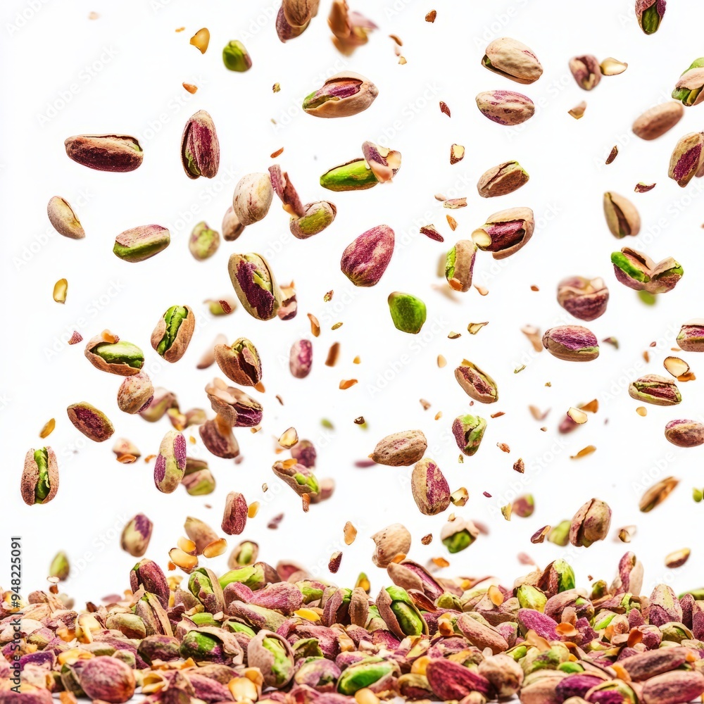 Close up of Falling pistachio isolated on white background Close up of Falling pistachio isolated on white background
