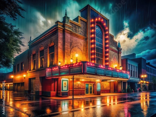 Moody rainy night scene featuring a charming vintage film theater aglow with vibrant neon lights, evoking nostalgia for the golden age of cinema's majestic splendor. photo