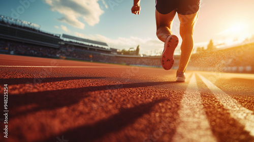 A determined athlete in mid-sprint on a track, sweat glistening under the intense sunlight, with the finish line visible in the distance, representing the culmination of hard work and dedication