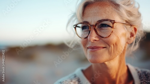 A mature woman with freckled skin and silver hair, wearing glasses, smiling with a serene look on her face, standing outdoors against a blurred coastal background.