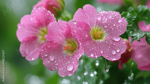 Close-up of pink flowers in the rain, with raindrops adorning their petals and adding a fresh, natural touch.