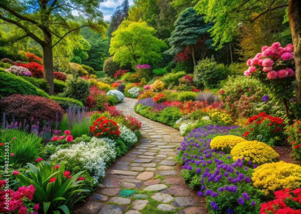 Winding stone path meanders through vibrant flower garden overflowing with colorful blooms, lush greenery, and delicate trees, evoking serenity and peacefulness. Winding stone path meanders through vibrant flower garden overflowing with colorful blooms, lush greenery, and delicate trees, evoking serenity and peacefulness.