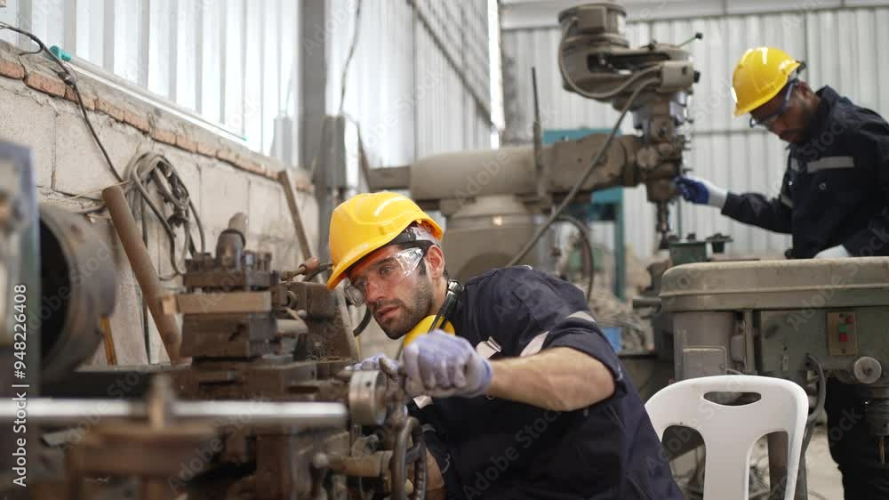 Blue collar workers at machine shop with welding robot arm. Factory and machinery. Blue collar workers at machine shop with welding robot arm. Factory and machinery.