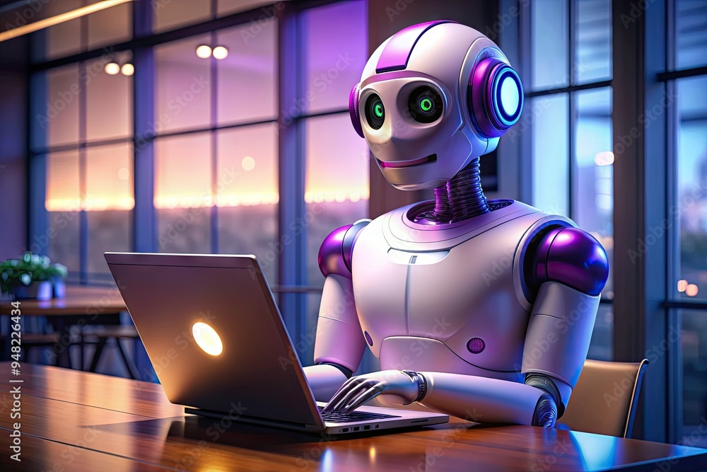 Friendly robotic assistant with glowing purple accents uses a laptop to interact with humans, symbolizing futuristic AI technology and innovative chatbot solutions. Friendly robotic assistant with glowing purple accents uses a laptop to interact with humans, symbolizing futuristic AI technology and innovative chatbot solutions.