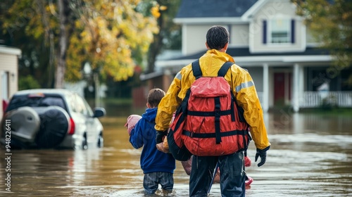 Rescue workers helping a family evacuate their flooded home with water rising around them