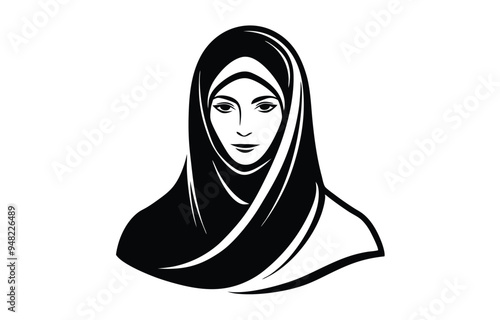 Elegant vector silhouette of a veiled woman in line art, capturing grace and mystery in a monochromatic palette.