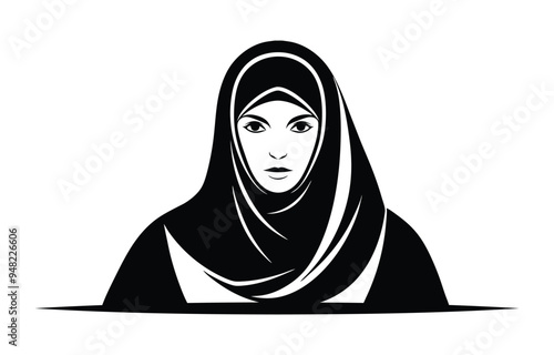 Elegant vector silhouette of a veiled woman in line art, capturing grace and mystery in a monochromatic palette.
