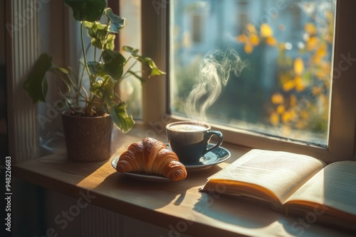 A cozy window scene featuring a cup of steaming coffee beside a croissant and an open book. Soft morning light illuminates the peaceful setting. Generative AI photo