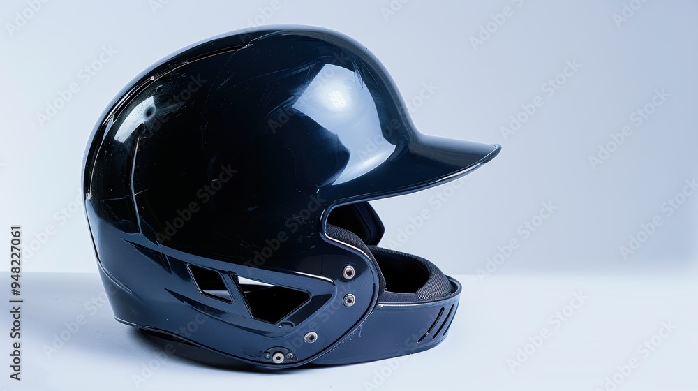 Fototapeta premium Shiny black baseball helmet resting on a white background