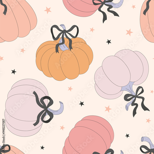 Pumpkins with black bows vector seamless pattern. Coquette Halloween background.