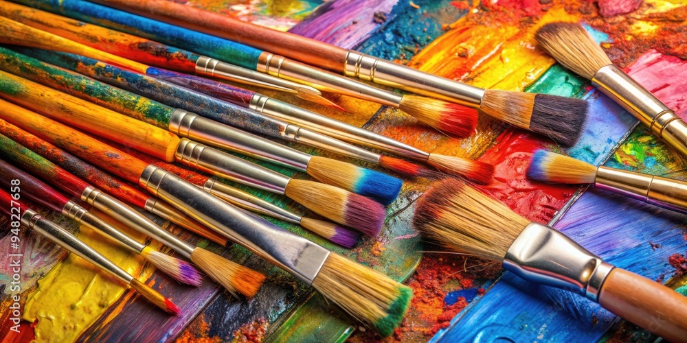 Obraz premium Assorted paintbrushes lay scattered on a vibrant canvas, infused with creativity, awaiting the next stroke of artistic genius to unfold.