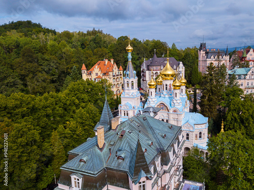 Aerial view of the Orthodox Church of St. the apostles Peter and Paul in the fashionable area of the resort. Karlovy Vary.