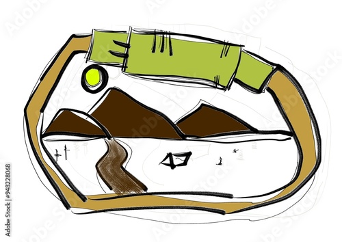 Illustration of mountain scenery in a carabiner frame