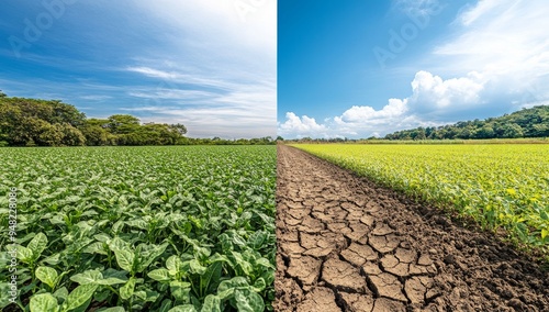 Green grassland and dry cracked land symbolize a change in the ecological environment.