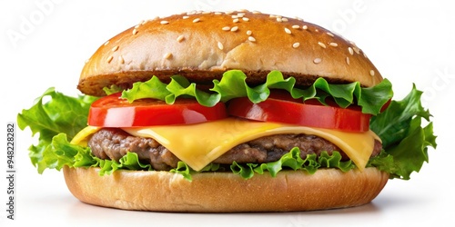 Juicy beef patty sandwiched between a soft bun, topped with melted cheese, crisp lettuce, and a slice of ripe tomato, against a transparent background.