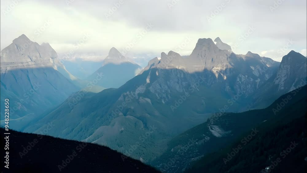 Majestic mountains rise dramatically under a cloudy sky, showcasing rugged peaks and lush valleys, creating a serene and breathtaking landscape Majestic mountains rise dramatically under a cloudy sky, showcasing rugged peaks and lush valleys, creating a serene and breathtaking landscape