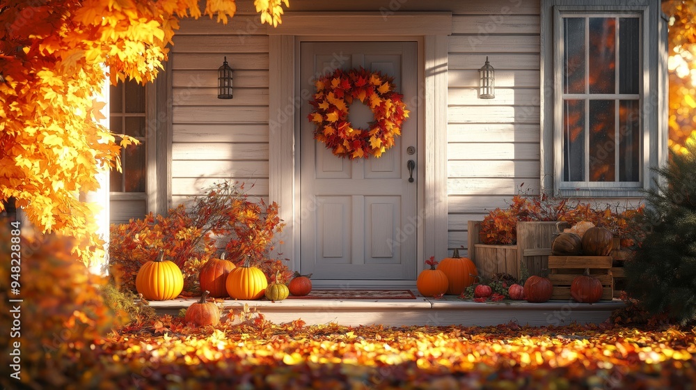 Obraz premium Autumn Porch with Pumpkins and Fall Wreath