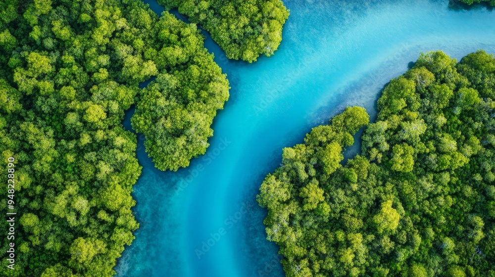 In this aerial view, two lush green mangrove forests meet in a narrow channel of clear, turquoise water. In this aerial view, two lush green mangrove forests meet in a narrow channel of clear, turquoise water.