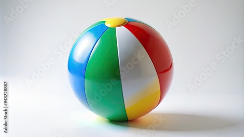 Vibrant beach ball with blue, green, yellow, and red panels, inflated and textured, standing upright on a clean and minimalistic white background.