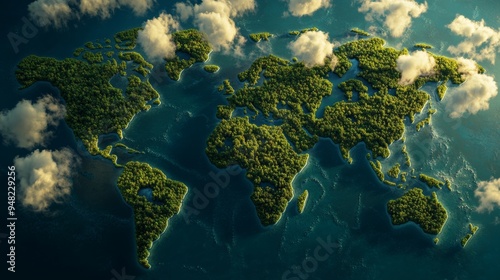 View of the Earth's continents from the air, outlined in lush greenery and surrounded by a ring of trees.