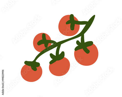 Fresh cherry tomato growing on branch. Small red vegetables on food plant. Organic natural raw veggies, healthy eating icon. Flat graphic vector illustration isolated on white background