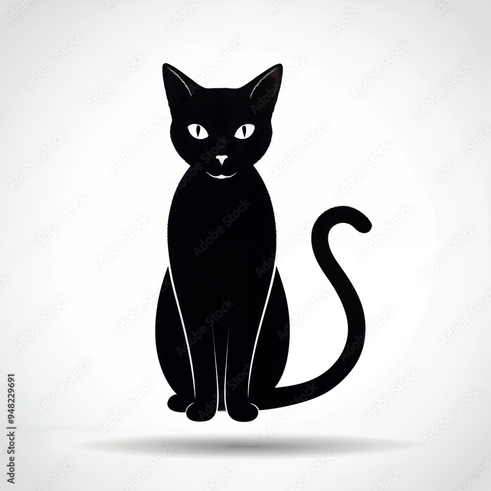 Fototapeta premium Minimalist black cat silhouette with glowing eyes on white background