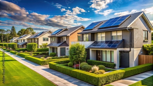 Sustainable suburban living: a row of identical modern houses with sleek solar panels installed on their rooftops, surrounded by a manicured lawn and trees. photo