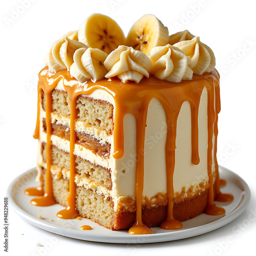 A decadent banana cake with layers of moist cake, creamy frosting, and luscious caramel drizzle. Topped with whipped cream and fresh banana slices. Isolated on a white background, perfect for bakery m photo