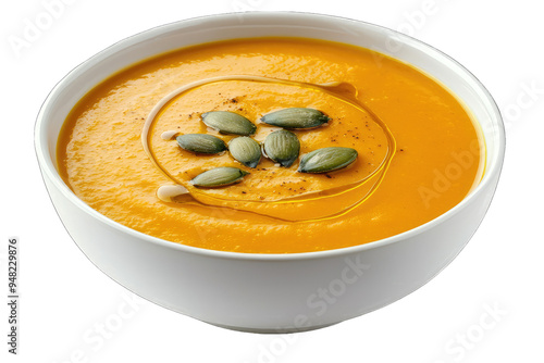 Delicious pumpkin soup garnished with seeds and a drizzle of olive oil, perfect for comfort food lovers and autumn recipes.