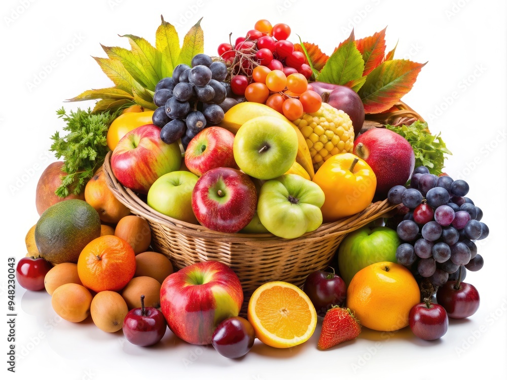 Vibrant arrangement of fresh seasonal fruits, including apples, bananas, grapes, oranges, and more, artfully displayed on a clean white background, evoking freshness and abundance. Vibrant arrangement of fresh seasonal fruits, including apples, bananas, grapes, oranges, and more, artfully displayed on a clean white background, evoking freshness and abundance.