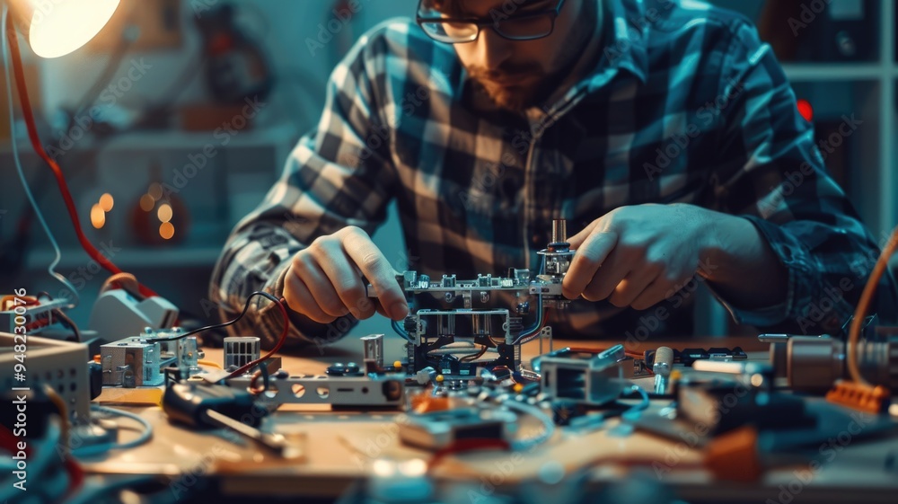 hands with assembling robotic parts at an engineering table on soft desk lighting hands with assembling robotic parts at an engineering table on soft desk lighting