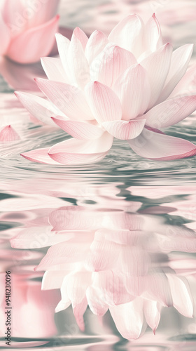 Delicate white lotus flower reflected on serene water